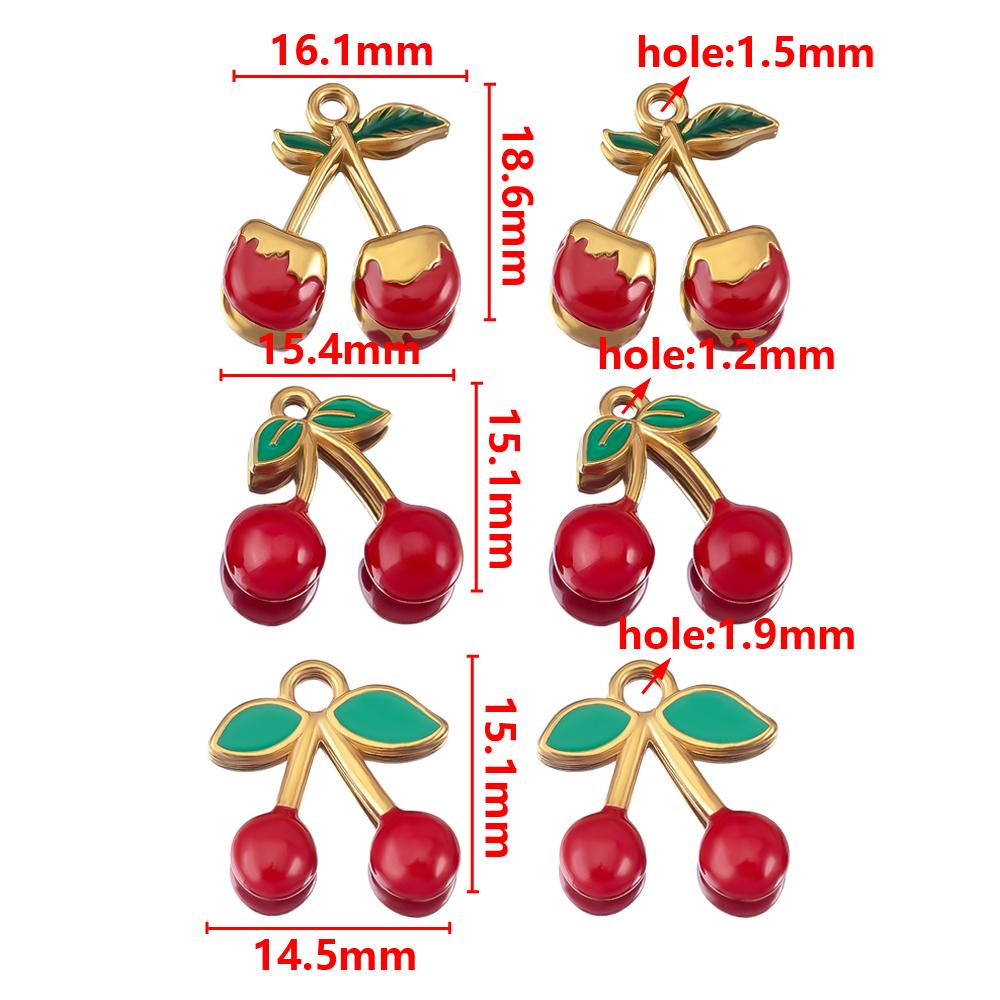 1pc 2pcs Enamel Green Leaf Red Cherry Earrings Charms Stainless Steel Fruit Necklaces Pendant Accessories DIY Jewelry Findings