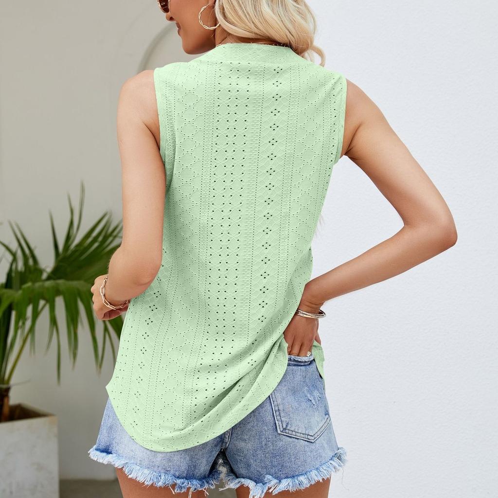 GMXIA Damenmode, lässig, Sommer, einfarbig, bedruckt, Weste, Löcher, ausgehöhlt, ärmellos, V-Ausschnitt, lose Blusen und Hemden