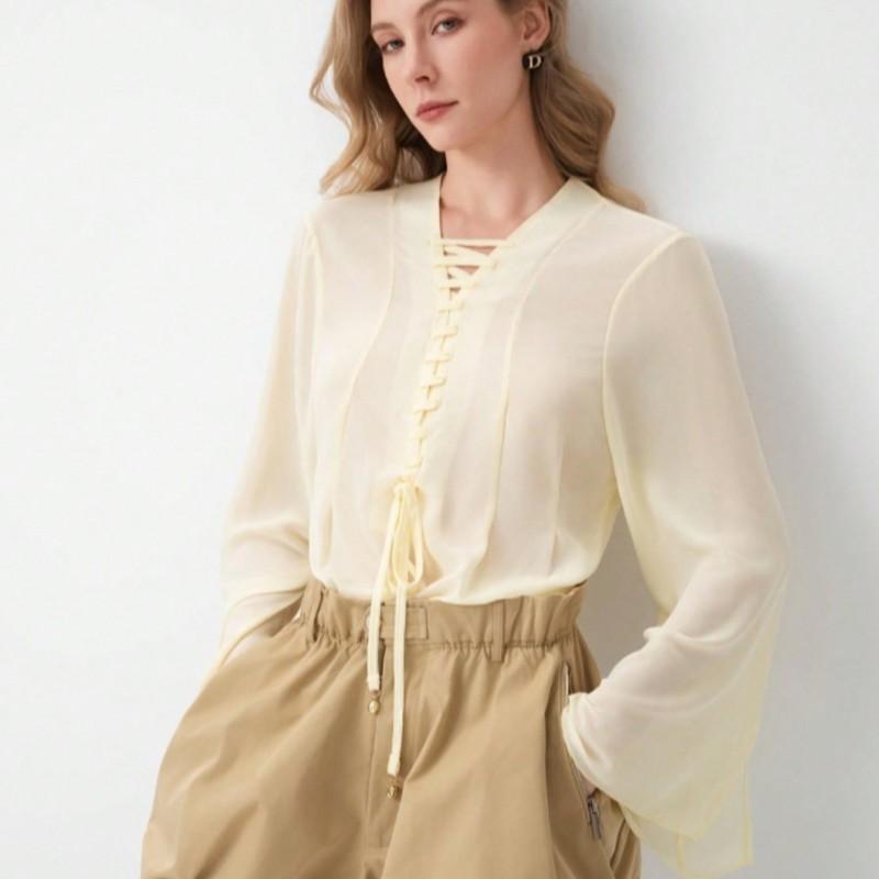 Womens Loose V-Neck Long Sleeve Shirt With Tie Detail Solid Color Casual Chic Top 2025