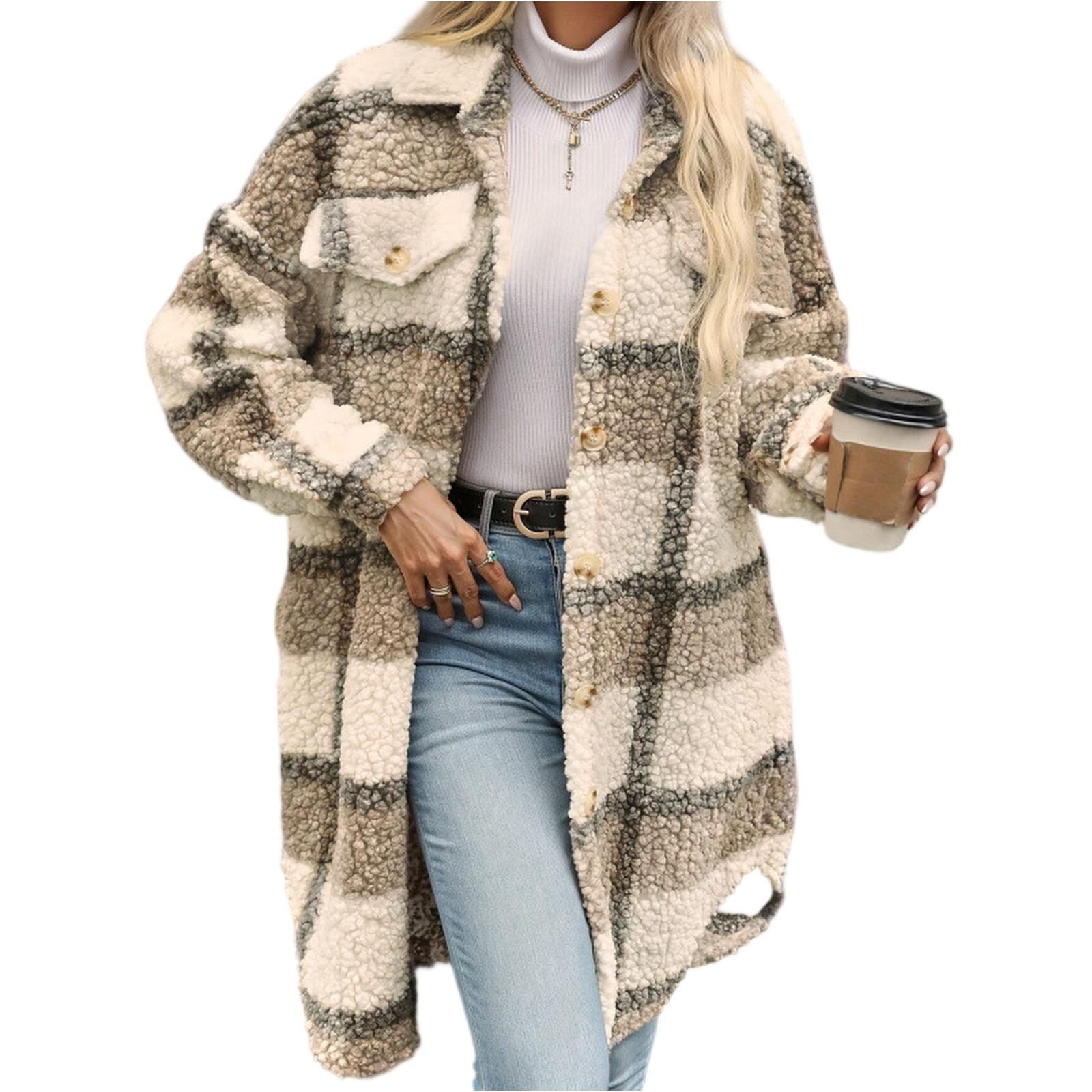 

Женское повседневное модное шерстяное пальто с длинными рукавами, лацканами и клетчатым принтом XXL хаки