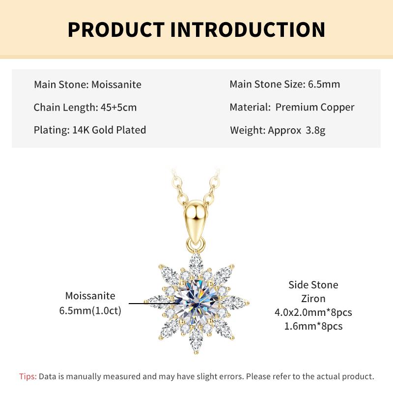 

Rrjzz 1CT 6.5MM Moissanite Necklace for Women D Color Round Cut Lab Imitation Diamond 14K Gold Plated Pendant Necklace Jewelry 45-50cm