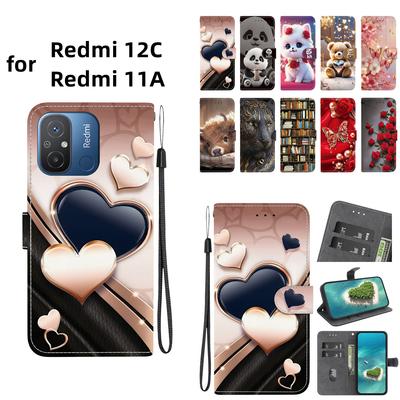 Handmade PU Leather Flip Case for Redmi 12C/Redmi 11A Anti-Slip Shockproof Cover with Wrist Strap & Heart/Rose Cat Designs