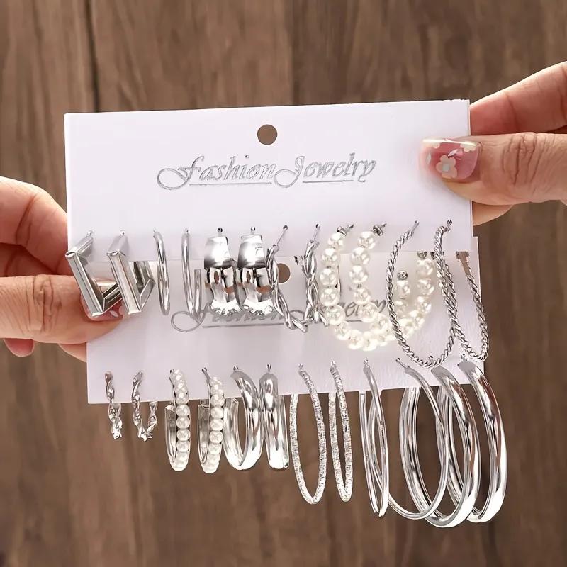 Boho Big Circle Hoop Earring Set for Women, Gold Color Bohemia Vintage Pearl Earring, Heart Zircon Ear Studs Jewelry Gifts