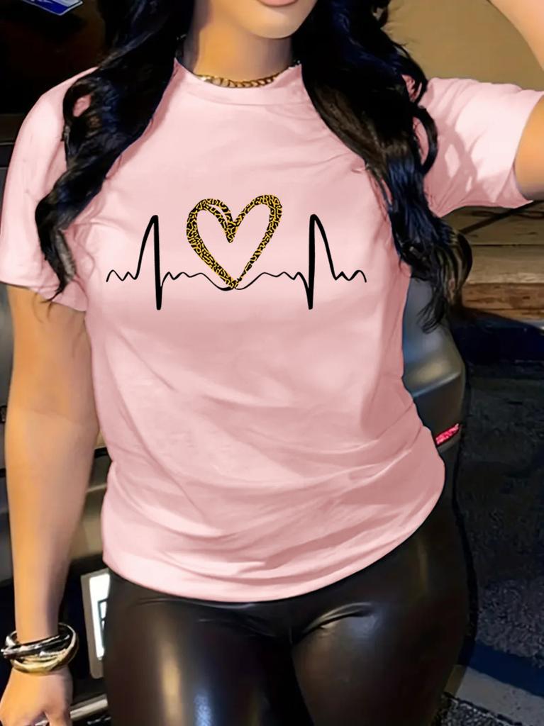 Leopard Heart Print Comfy Tshirt Round Neck Short Sleeve Sports Unisexs Casual Fashion Harajuku Tshirts Clothing