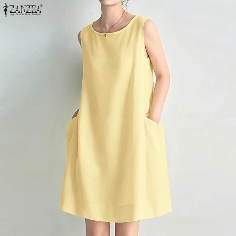 ZANZEA Women Casual Round Neck Solid Color Summer Sleeveless Dress