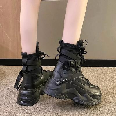 Moda feminina plataforma grossa botas de motocicleta branco rendas até sapatos de fundo grosso mulher outono inverno tornozelo