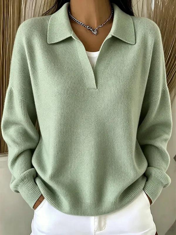 2026 European Ribbed Collar Knit V-Neck Polo Sweater: Spring/Autumn, Loose Fit, Slimming, Casual