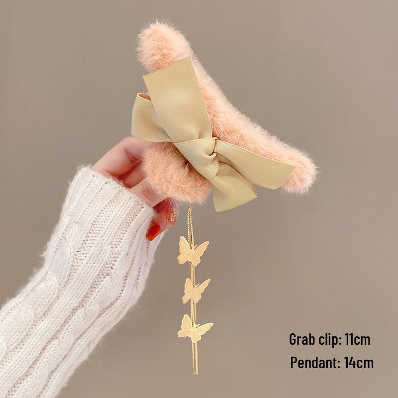 Korean Style Plush Bow Hair Clip with Tassel - Autumn/Winter Women's Hair Accessory