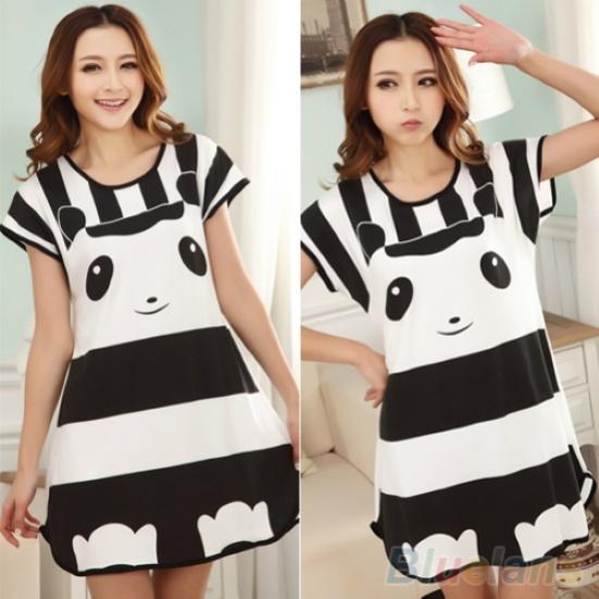 Cute Women Cartoon Panda Sleepwear Pajamas Short Sleeve Sleepshirt Nightdress