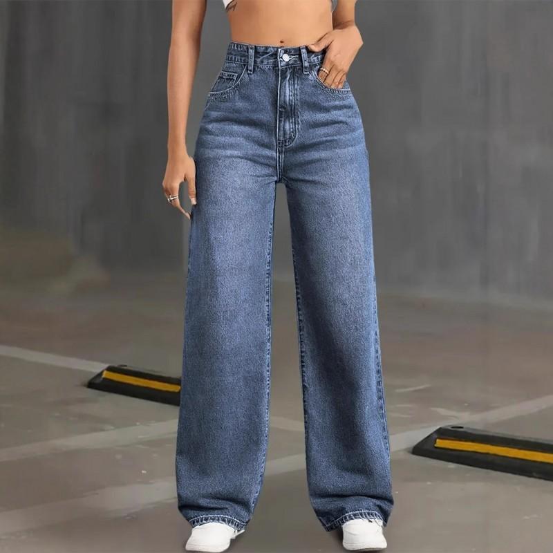 Women s High-waist Elastic Washed Straight Slim Denim Pants WOMEN JEANS S синий