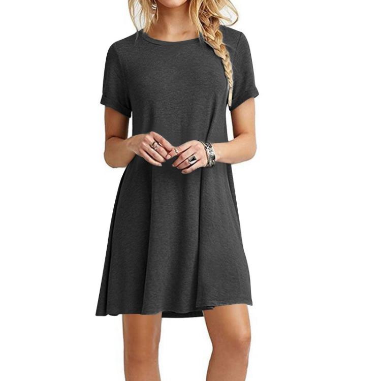 Summer Women Loose Solid Color Dress Short Sleeve Round Neck Large Size