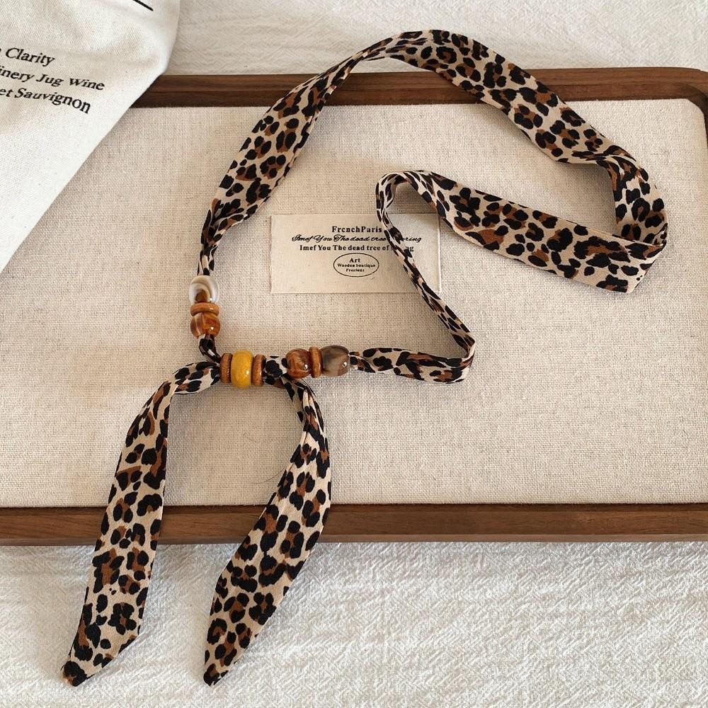 Print Pattern Beaded Scarf Leopard Print Sweater Chain Elegant Scarf Necklace  Women