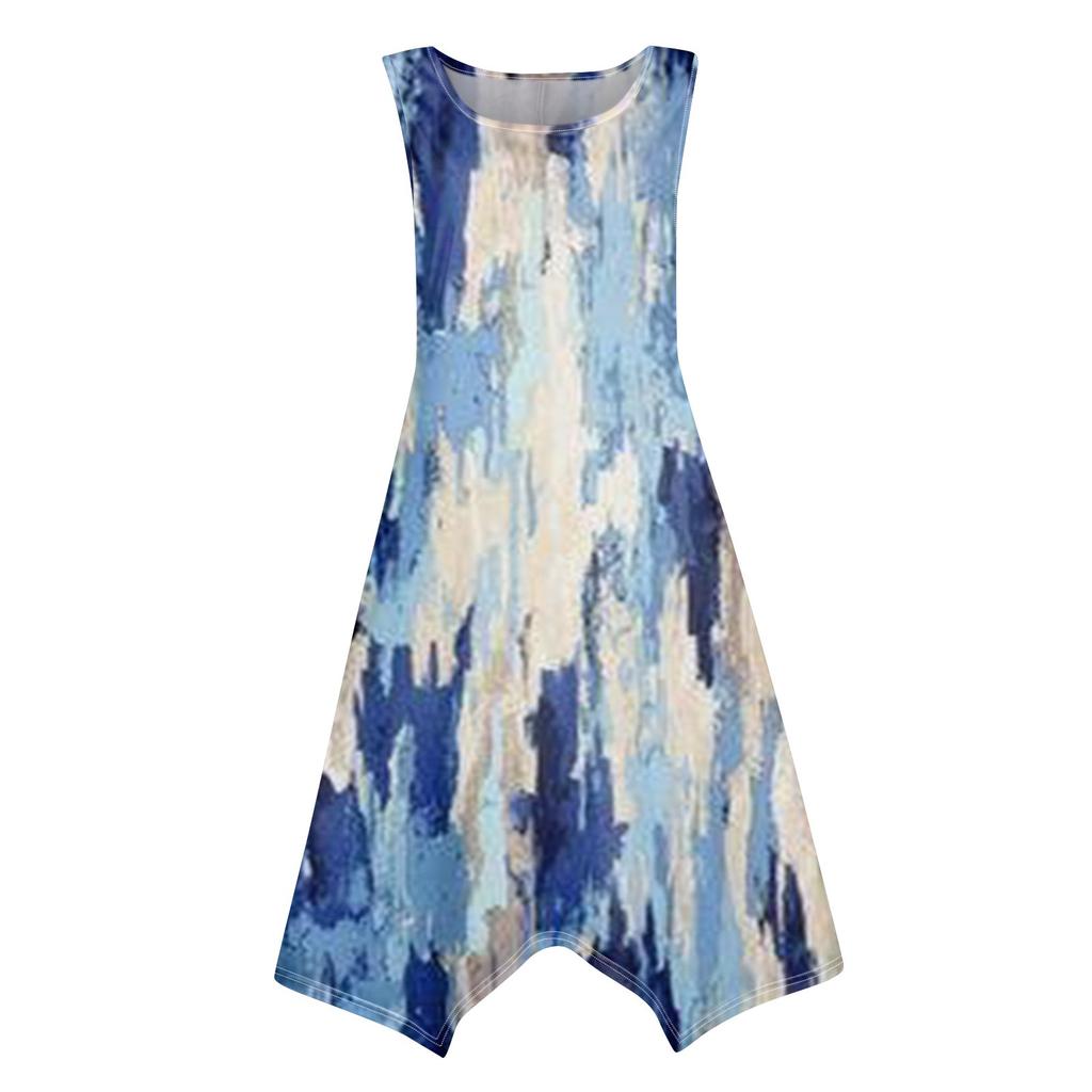 Damen Casual Fashion Rundhals ärmelloses Print unregelmäßigen Saum Midikleid