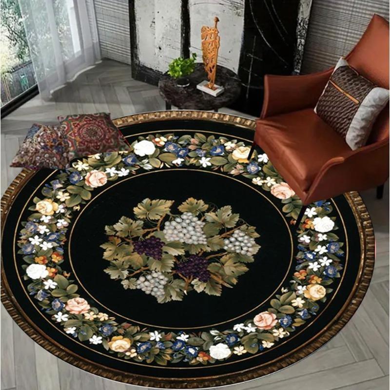 European Vintage Floral Round Carpet Ethnic Style Elegan Home Decor Rug Soft Non-slip Floor Mat for Living Room Bedroom