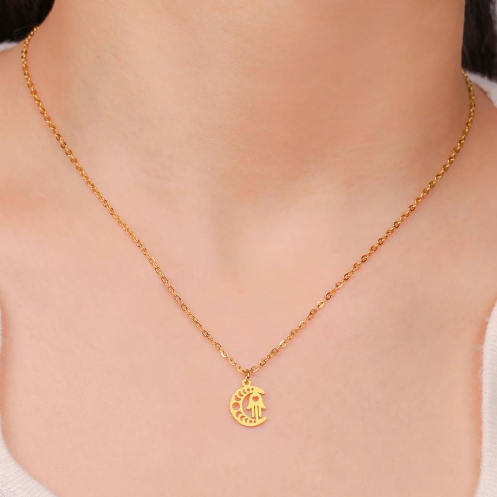 LIKGREAT Arabic Hamsa Hands Necklace Women Men Amulet Crescent Moon Hand of Fatima Evil Eye Stainless Steel Islamic Jewelry