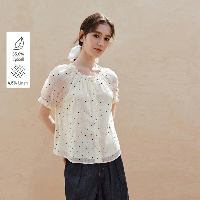 INMAN Lyocell Linen Polka Dot Raglan Sleeve Blouse L
