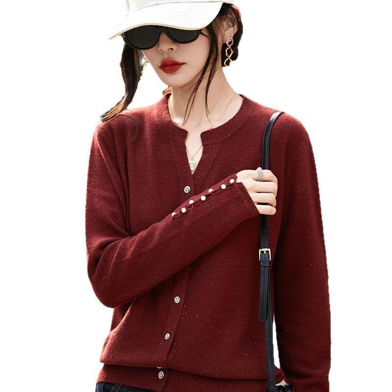 New Beaded Cardigan Women'S Fashion Autumn And Winter Knitted Sweater 100% Wool Loose And Versatile Bottoming Top Cardigan