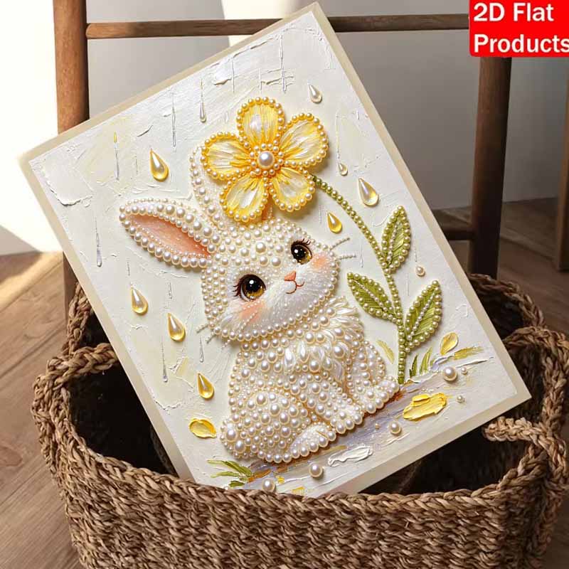 DIY Frameless Pearl Painting Kit Cute Bunny Flower 3D Shiny Bead Art Canvas Relaxing Creative Craft for Home Wall Decor Gift