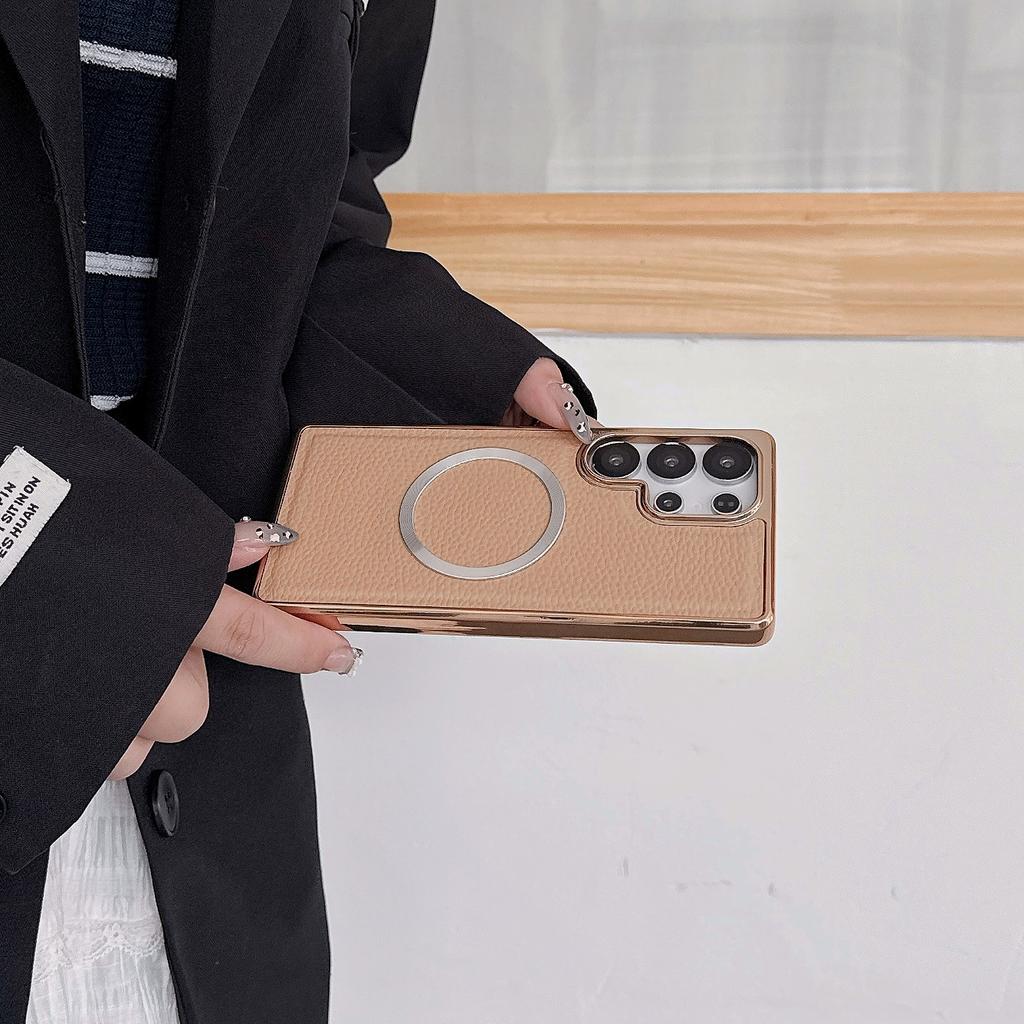 For Samsung Galaxy S24 Ultra Magnetic Case Electroplating Litchi Texture PU TPU PC Phone Back Cover