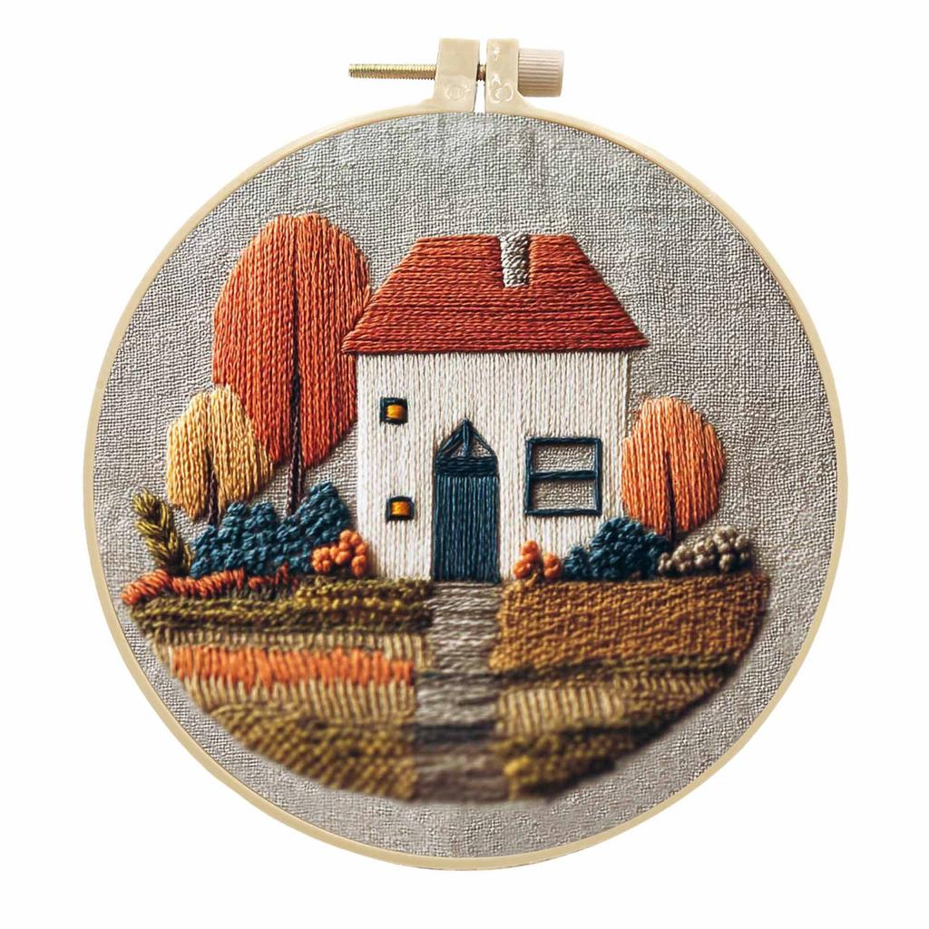 1 sada podzimní chaloupka v kresleném stylu, DIY sada materiálů pro vyšívání, včetně nástrojů vhodných pro začátečníky a návodů na stehy, taška s materiálem na vyšívací látku