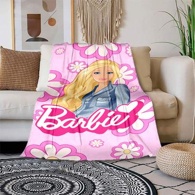 1pc Barbie Floral Pink Background Cartoon Blanket,Portable Throw for Travel & Camping, All Season Cozy Blanket,Ideal Gift