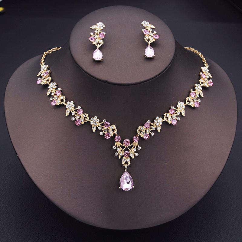 Exquisite Dangle Earrings and Necklace for Women Elegant Jewelry Set Flower Design Shining Rhinestone Necklace Set Wedding