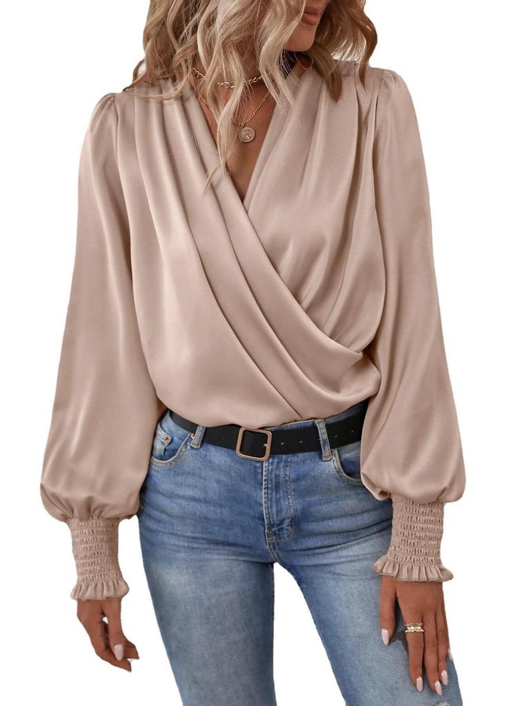 Elegant Women's V-Neck Lantern Sleeve Solid Color Shirt