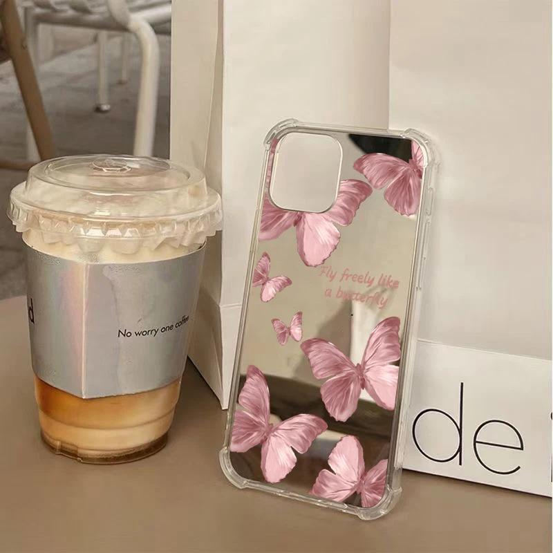 Pink Butterfly Mirror Phone Case For Samsung Galaxy A06 A14 A23 A36 A52 A55 A56 S25 S24 S23 S22 S21 Ultra Plus FE Silicone Cover