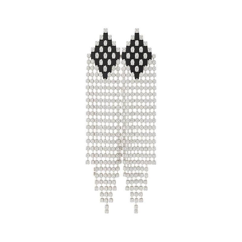 Silver Needle Elegant Rhinestone Tassel Stud Earrings – High-end Geometric Jewelry for Women