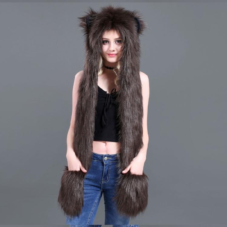 Plush Animal Ear Hat for Adult Unisex Earflap Gloves Scarf All In One Warm Trapper Hat Outdoor Activity Cold Weather Hat