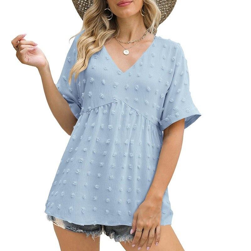 

2023 Летняя белая блузка с V-образным вырезом, элегантная одежда, повседневная свободная расклешенная рубашка с коротким рукавом из шифона, модные топы, Blusas De Mujer 26480 XXL светло-синий