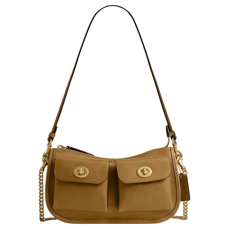 

COACH Waverly 24 double twist lock simple design casual and refined style cow leather shoulder bag medium size women s light olive green зелений