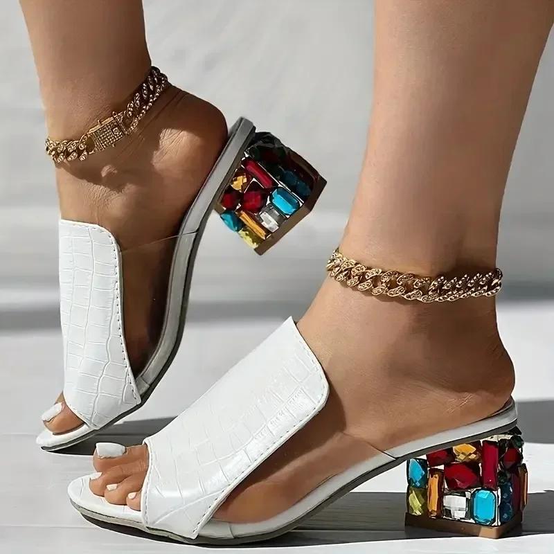 Fashion Women Slippers Summer Wide Strap Colorful Square Heel Sandals Casual Outdoor Flats Slippers Summer Peep Toe Going Out Slides