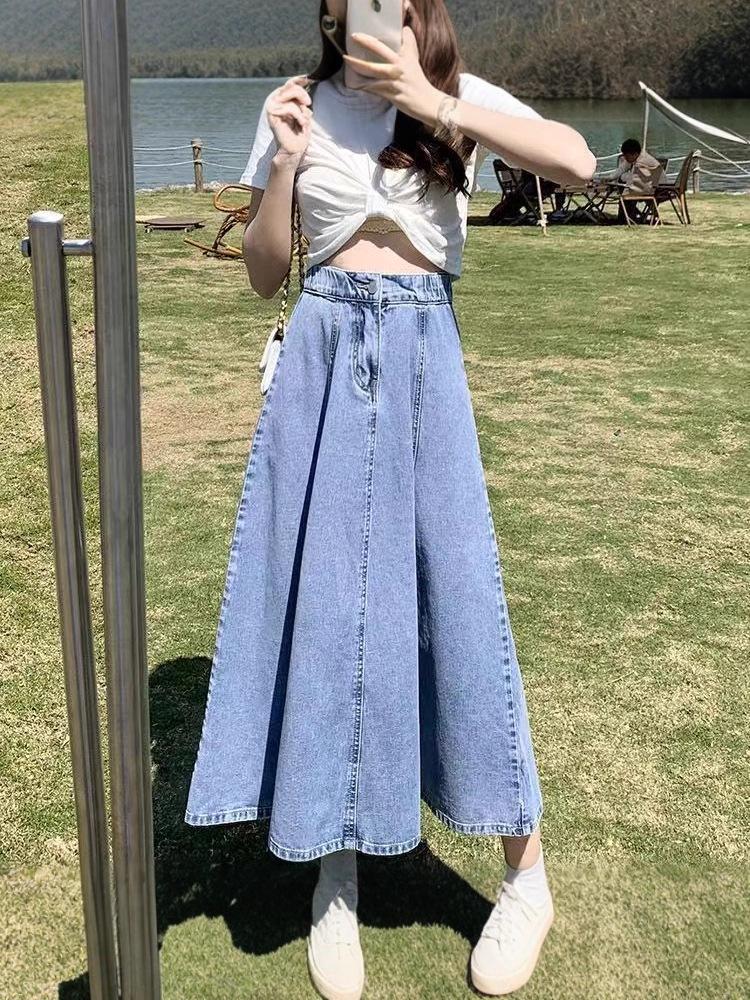 High-Waisted Plus-Size Pleated Denim Midi Skirt for Women - Slimming, Over-the-Knee, New Style