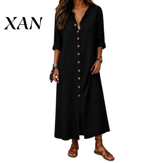 Loose Fit Dress Women's Summer Button Down Long Dress, Casual V Beach Women Neck Tunic Roll Up Sleeve Vacation Lounge Outfits