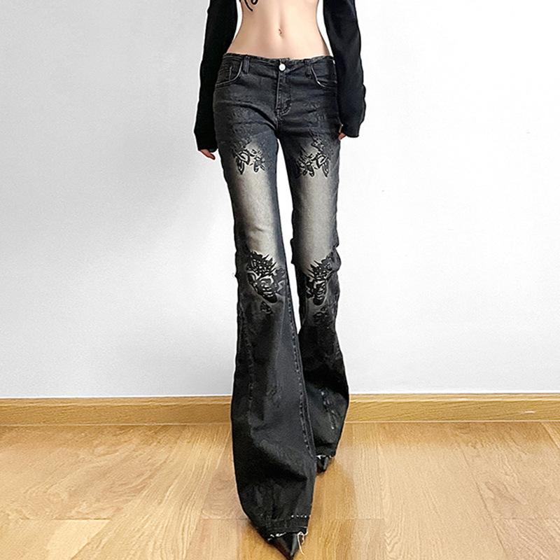 

Women s Jeans New American Retro Street Style Plant Print Washed Vintage Low-Rise Flare Pants Trendy Versatile S