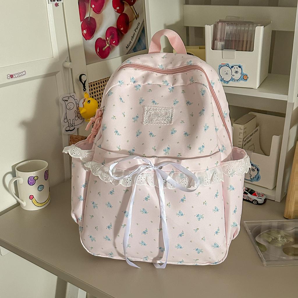 Schoolbag Milky White Floral Backpack Female Ins Niche Schoolbag Female Lace Backpack Junior High School Versatile Commuter Backpack
