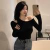 Fashion Off-the-shoulder Long Sleeved Knitted T-shirt Spring Autumn Black Oblique Collar Short Inner Casual Tshirs Elegant Basic Slim Fit Clothing