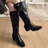 Large Tube Cow Suede Long Tube Boots  Spring Summer Retro Block Heel Skinny Pointed Toe Belt Buckle Pleated Pile Boots Women