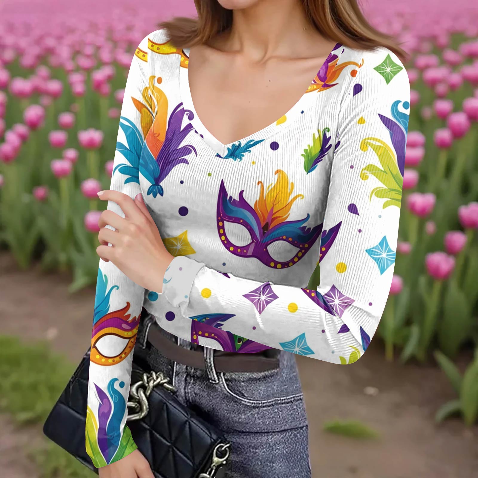 

Женская зимняя приталенная футболка-базовый слой, модный принт, V-образный вырез, пуловер, топ с длинным рукавом XL