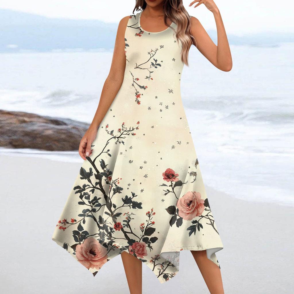 Lässiges, modisches Damen-Midikleid mit Rundhalsausschnitt, ärmellos, Blumendruck, unregelmäßiger Saum