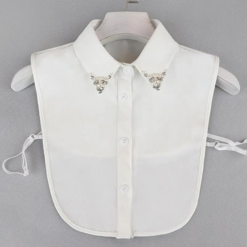 Fashion Ladies Fake Collar for Women Chiffon Fake Collar Rhinestone False Collar Lapel Detachable Button Half-Shirt Blouse Top