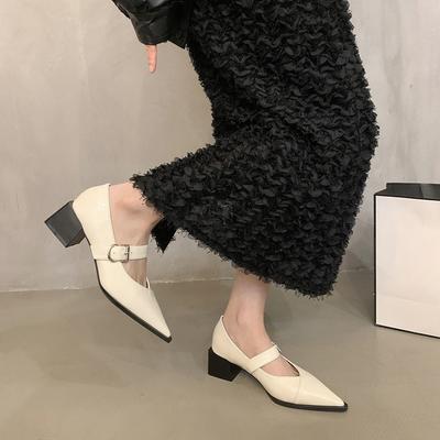 Szpiczasty nosek płytkie wycięcie damskie buty na średnim obcasie 2024 nowe francuskie wieczorowe temperament słowo z retro grubym obcasem buty Mary Jane