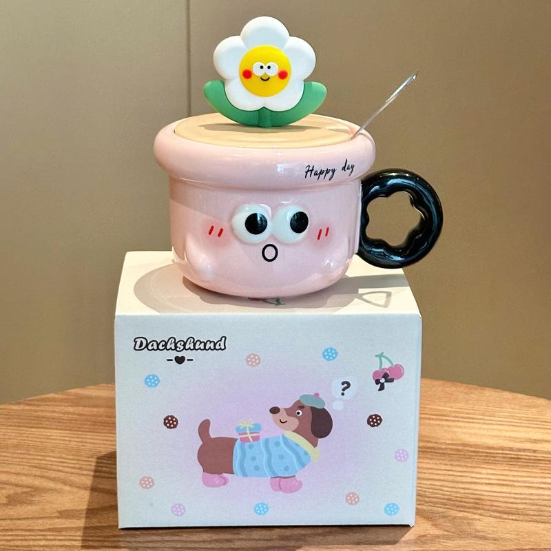Birthday Gifts for Girls, Cute Flower-shaped Ceramic Mugs, High-value Drinking Cups with Lids and Spoons As Gifts