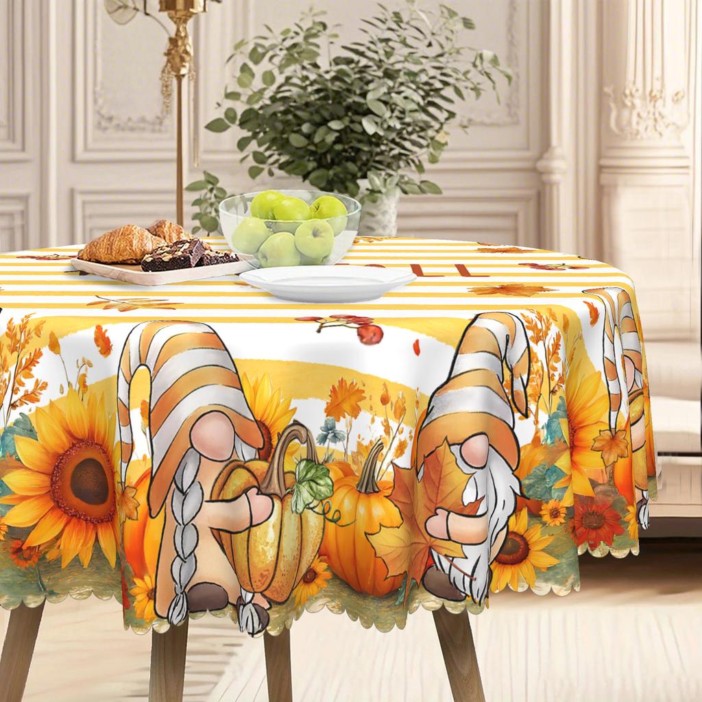 Hello Fall Warm Color Pumpkin Sunflower Striped Tablecloth, Anti-Fouling Leave-In Dining Table Cloth Coffee Table Cloth Round