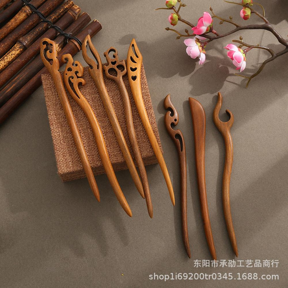 Ancient Green Sandalwood Retro Hairpin for Women - Wood Craft Updo Accessory