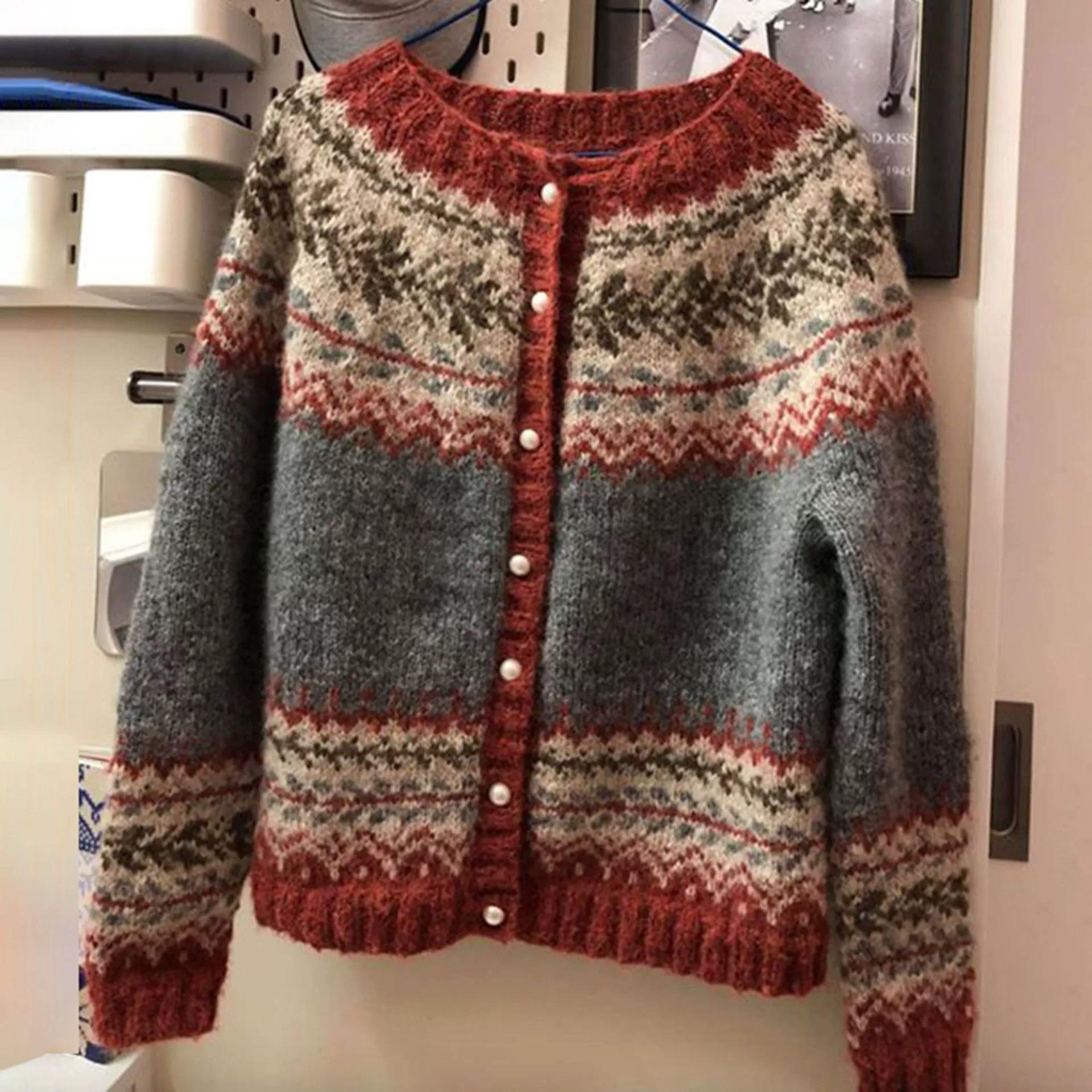 Women S Ethnic Style Jacquard Knit Single Breasted Cardigan Sweater S
