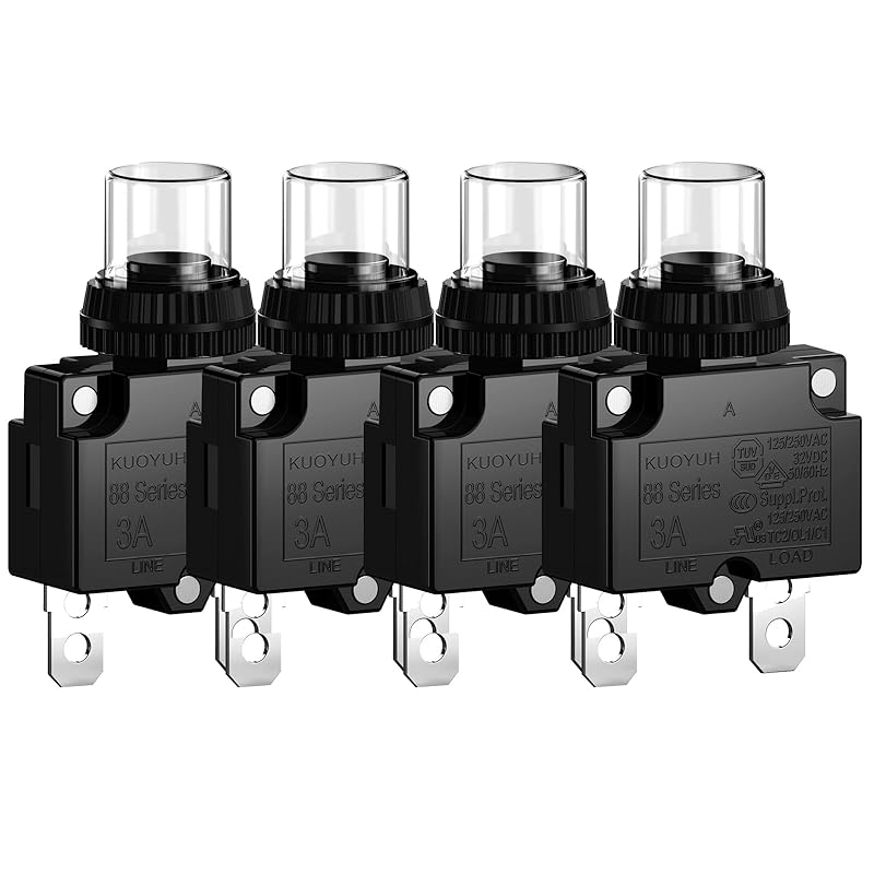 

3Amp Circuit Breakers Thermal Overload Switch Protector 88 Series Manual Push Button Reset with Quick Connect Terminals and Waterproof Button Cap 3A