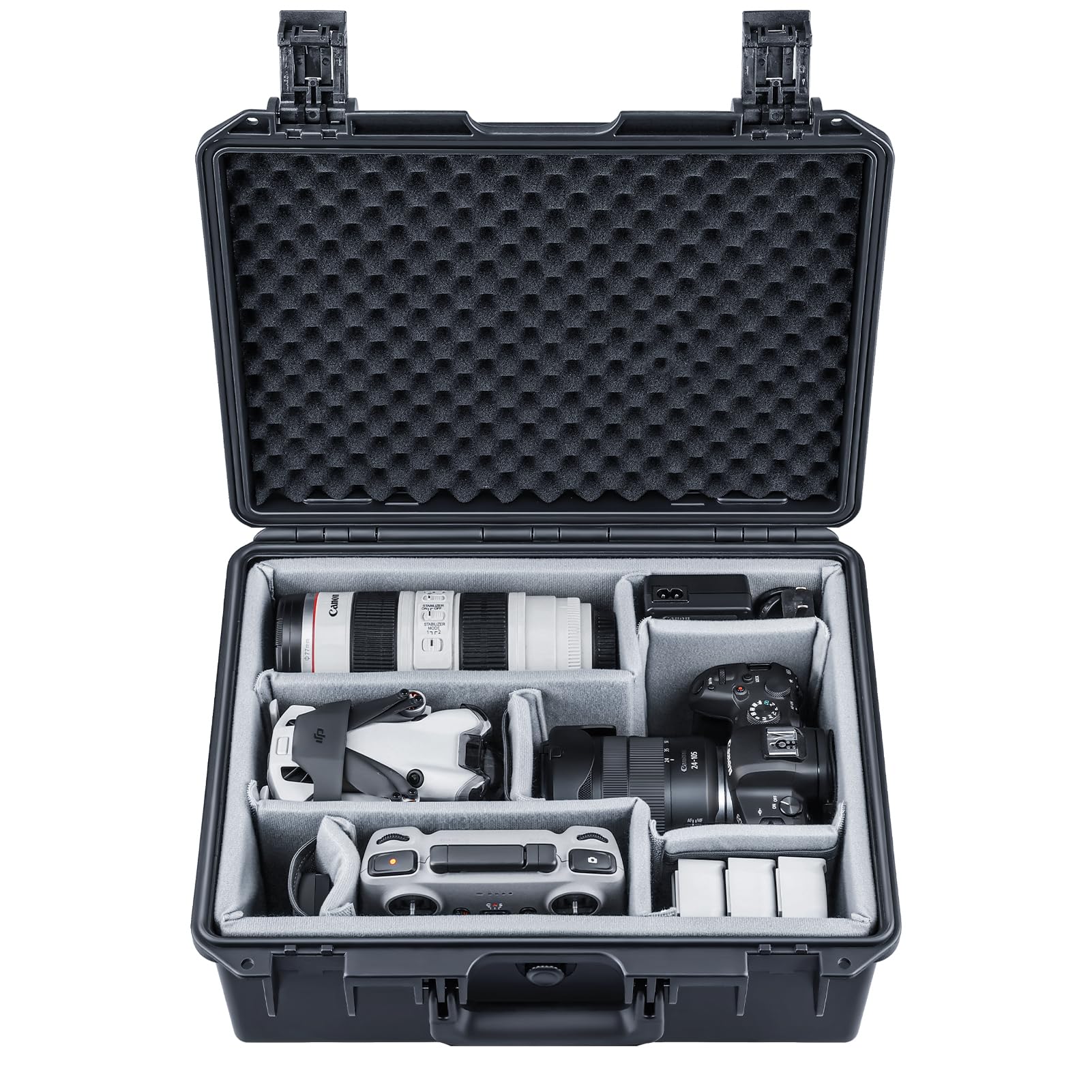 

Lykus PVC1 Waterproof Hard Case with Padded Compartments for Camera, Lens, and Two DJI MavicAirMini Drones [Case Only]