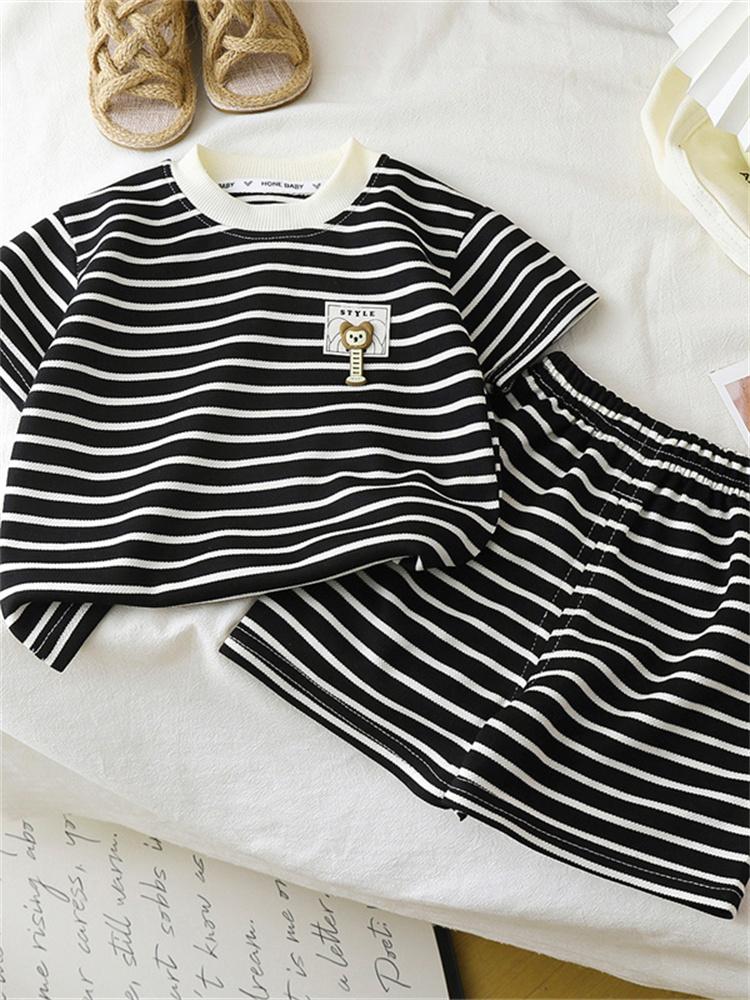 2026 Summer Children O-Neck Short Sleeve T-Shirt Suits Baby Spring Short Pants Two-pieces Set Stripe Cotton Suit for Girl Boy